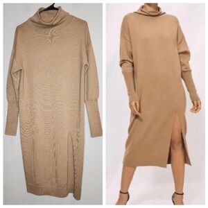 Aritzia Wilfred Merino Wool Cyprie Sweater Dress Tan Sz XXS Oversized Thigh Slit